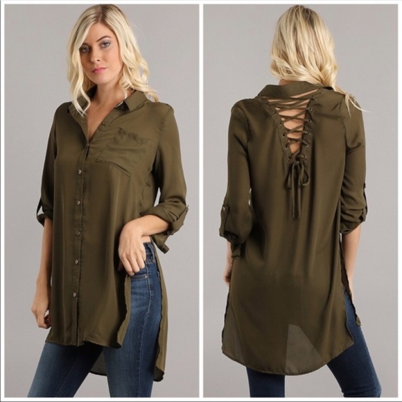 Tops - High Low Olive Lace-Up Top
